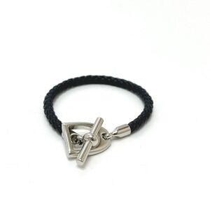 HERMES Silver Leather Charm Bracelet